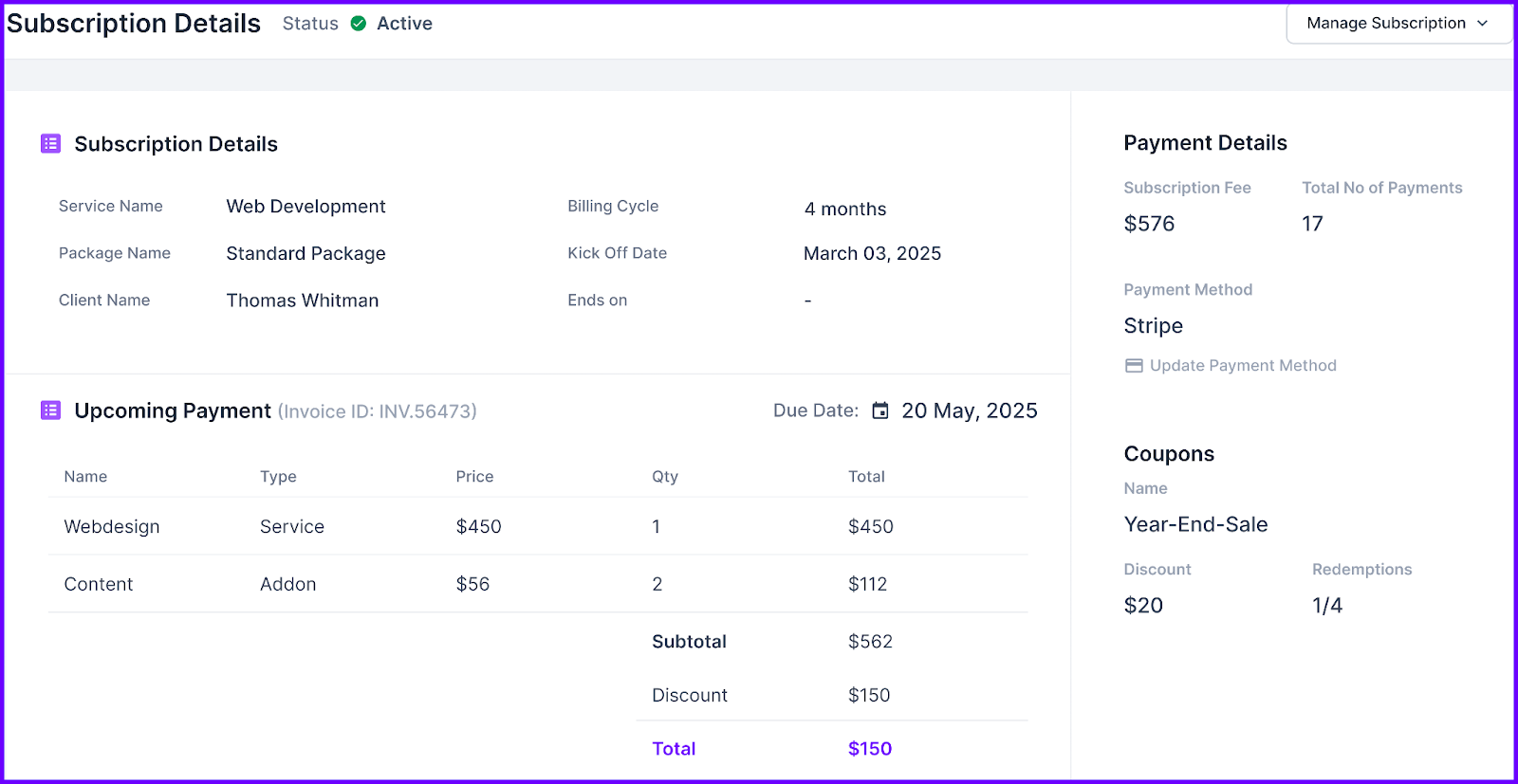 Subscription Details Page